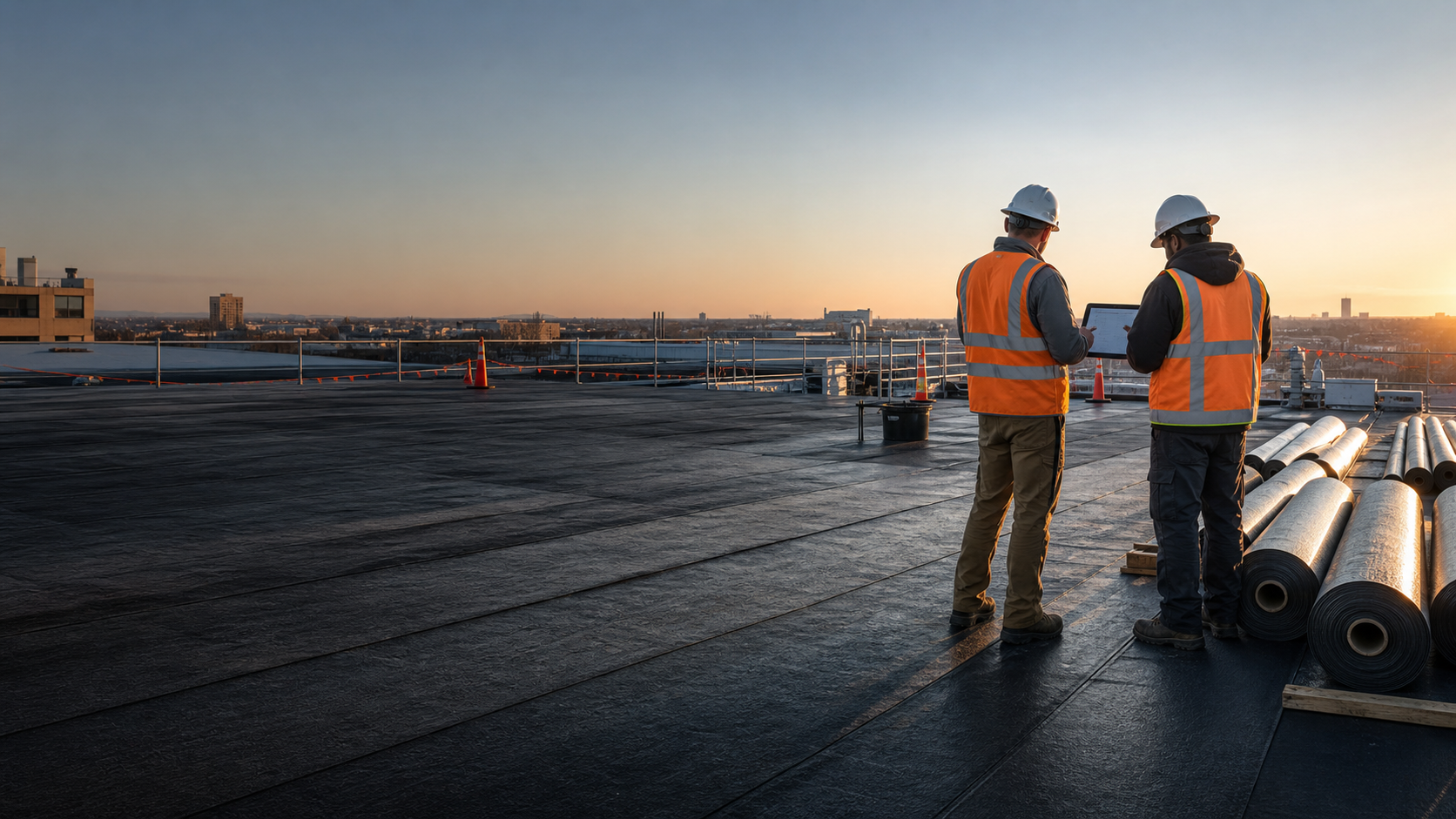 Roofing workers reviewing a tablet on a commercial roof
